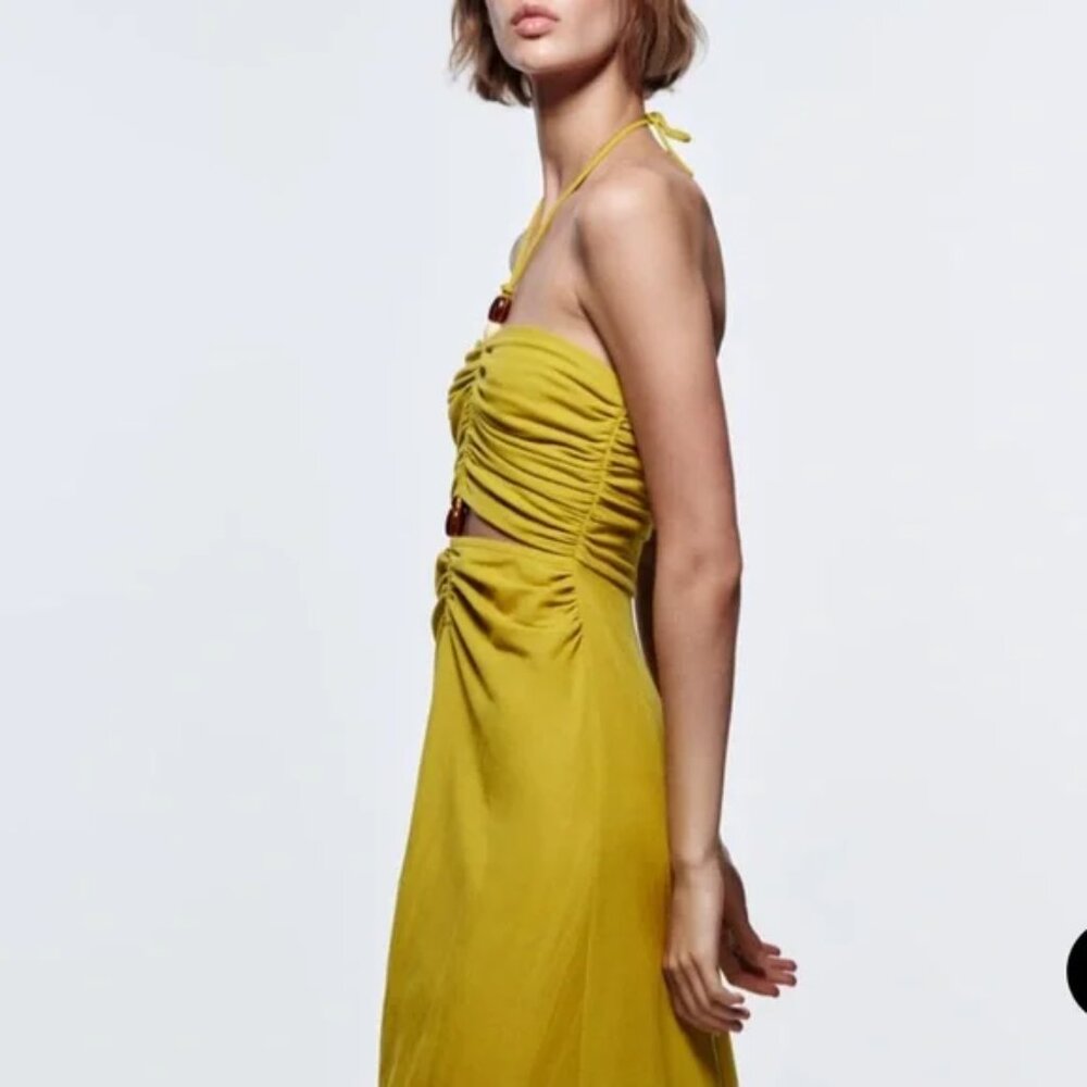 NWT Zara Yellow Green Cutout Halter Dress with bead - Picture 3 of 9